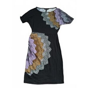 BCBG MaxAzria XSS Extra Small black print short short sleeve rayon dress scoop